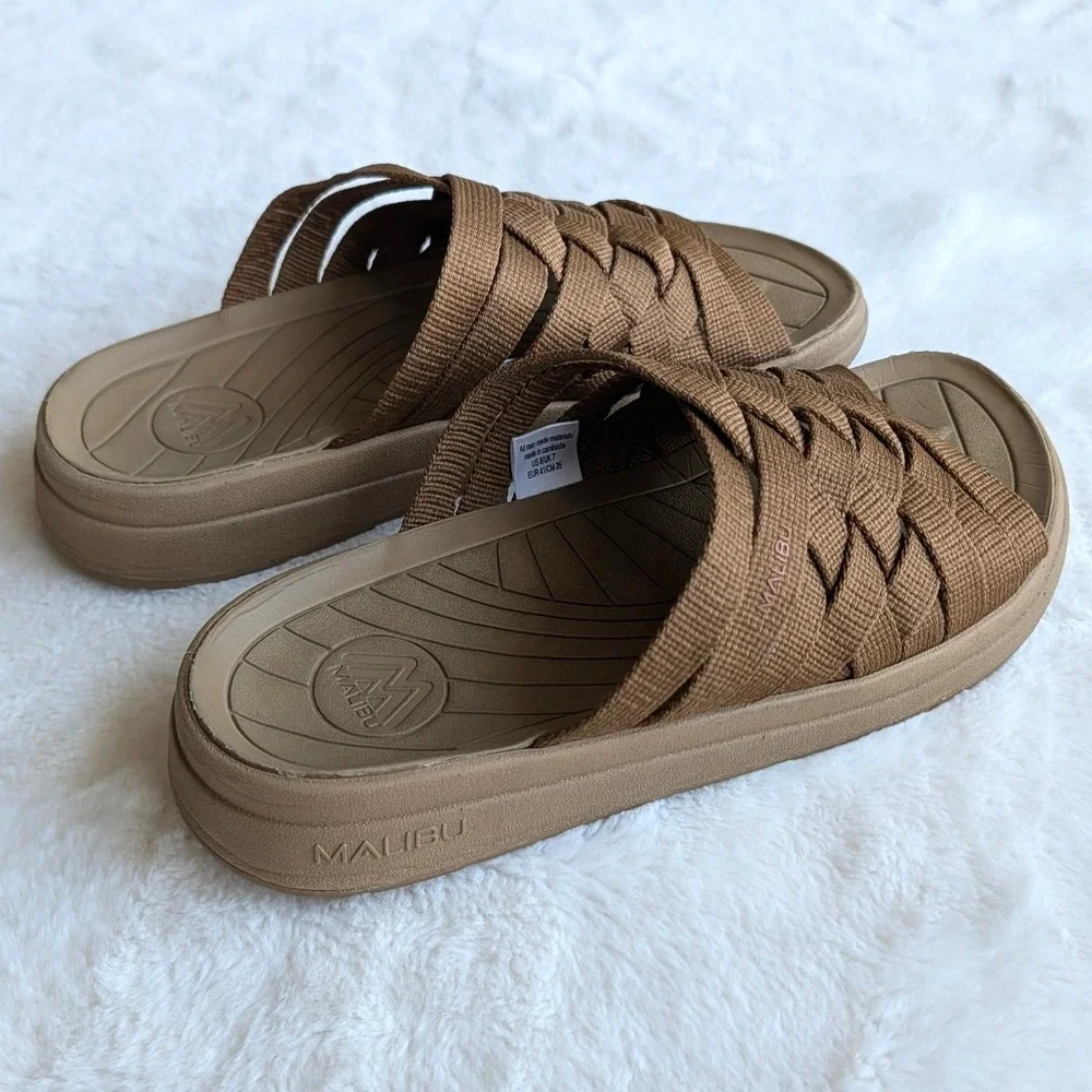 Malibu Sandals Colony Classic Woven Nylon Slides Tan Mens 8 Vegan Water Friendly